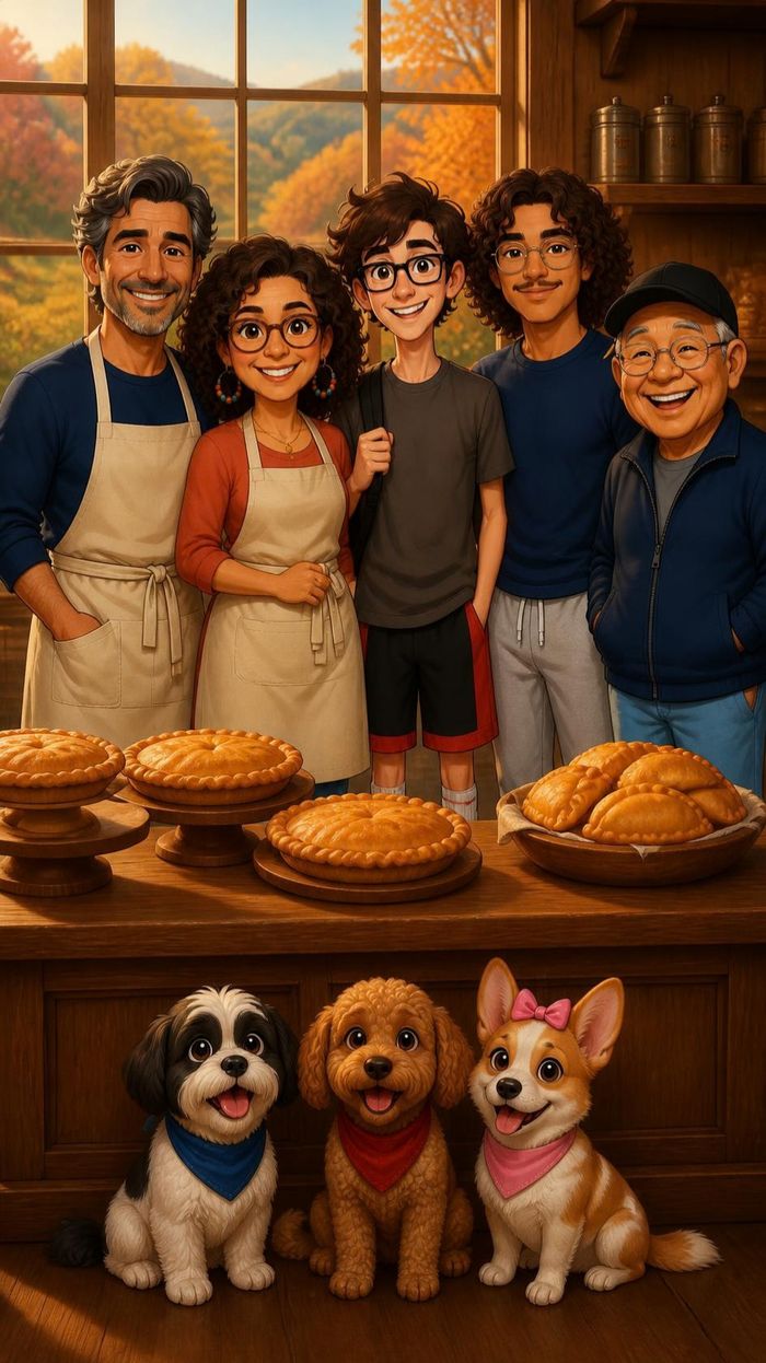 3D animated family behind a bakery counter full of pies, with Daisy, Fisher and Harley in front