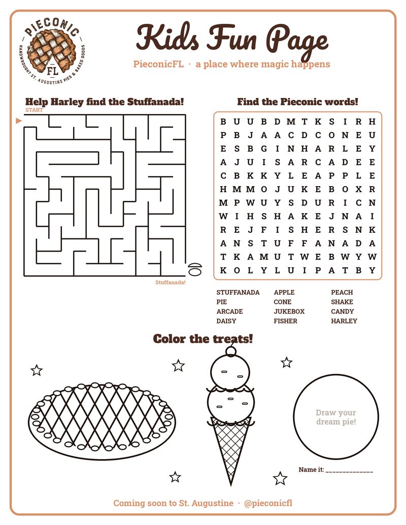 PieconicFL kids activity page with a maze, word search and treats to color