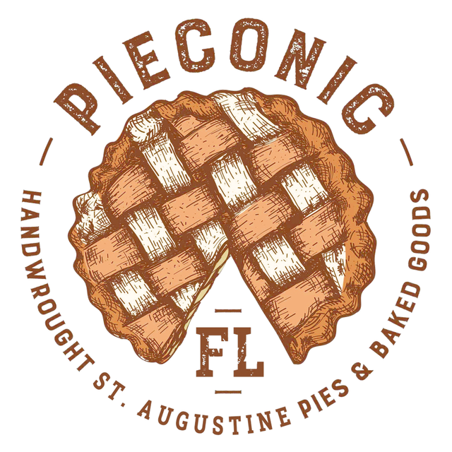 PieconicFL badge: a lattice pie with a slice missing, ringed by the words Handwrought St. Augustine Pies and Baked Goods