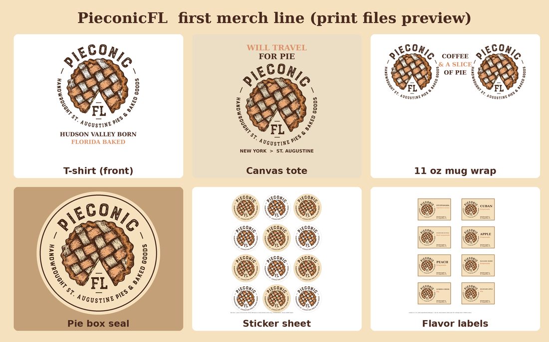 Merch line preview: tees, a Will Travel for Pie tote, a mug and stickers