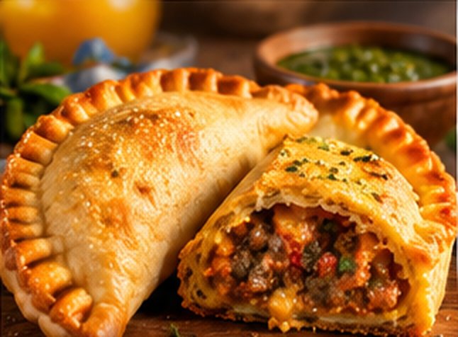 Baked crimped empanada cut open to show a savory beef filling