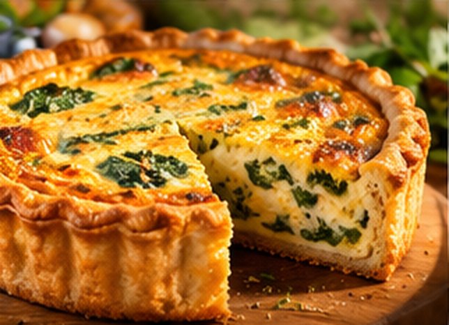 Quiche with a slice cut