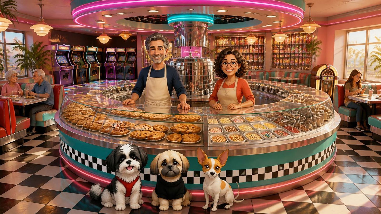 3D view of the dream shop: the round magic circle counter, diner booths and arcade, with the family and pups