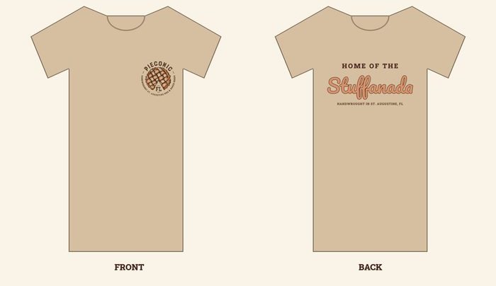 Sand tee with the PieconicFL badge on the chest and Home of the Stuffanada on the back