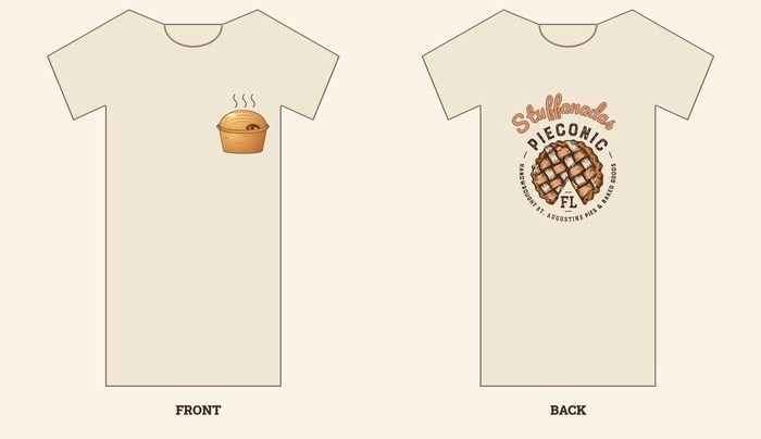 Tee with a steaming cartoon Stuffanada on the chest and Stuffanadas arched over the badge on the back